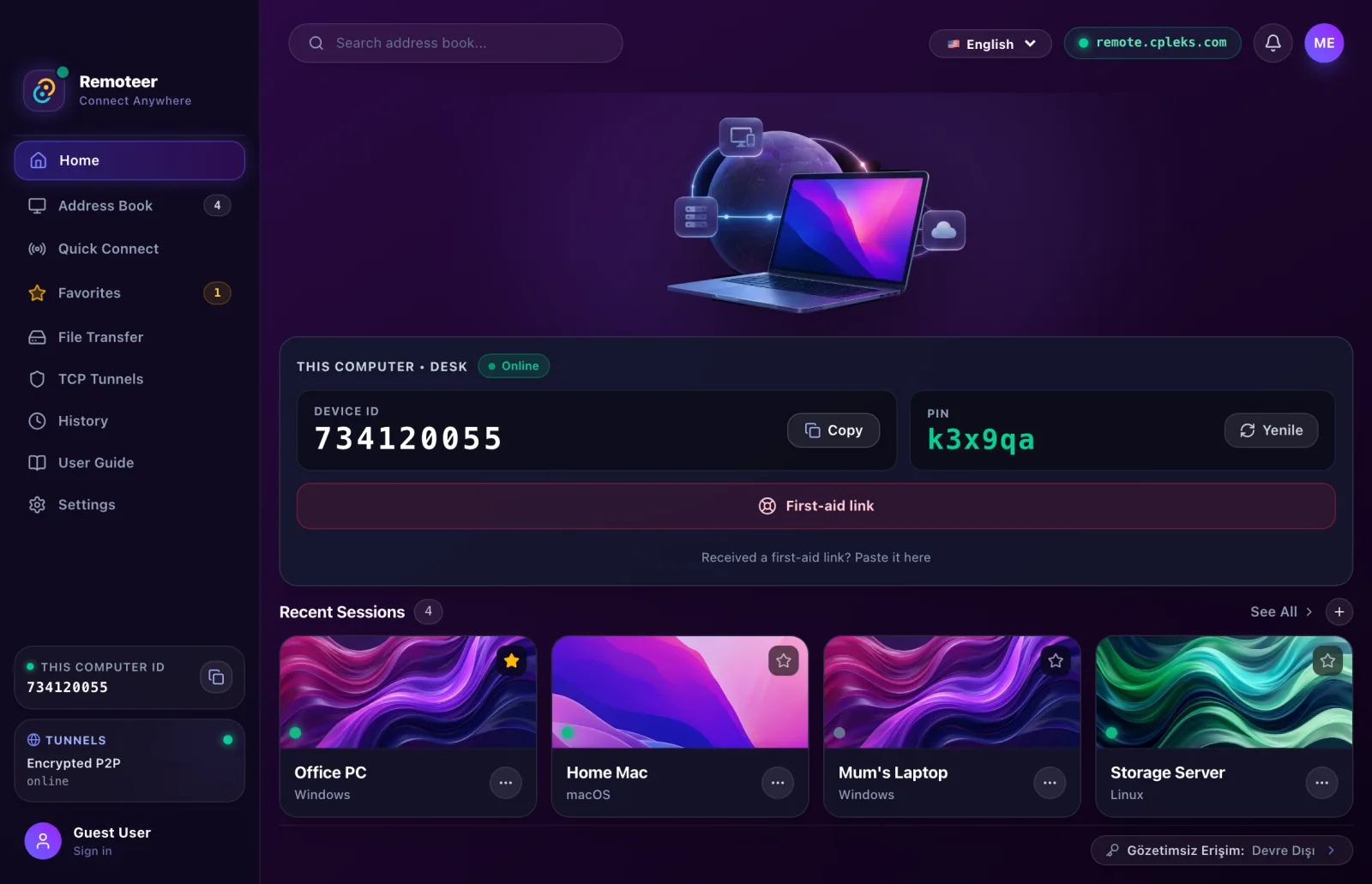 Remoteer home: device ID, PIN and recent sessions