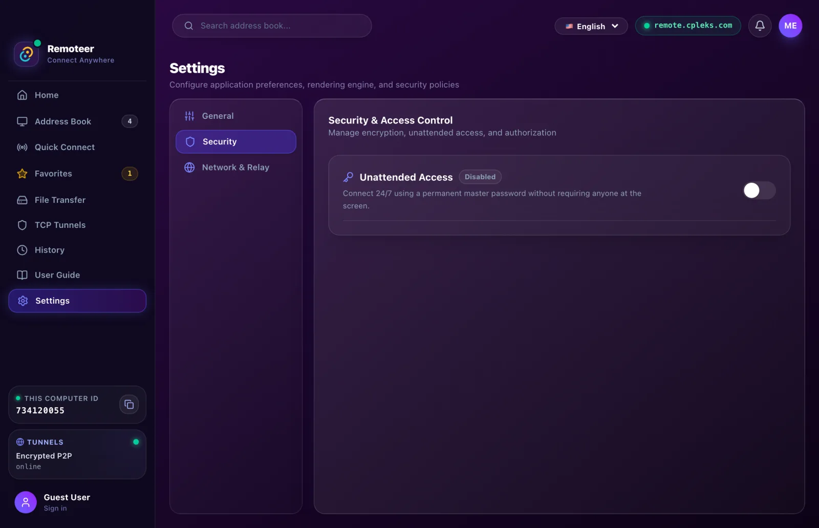 Settings, Security: Unattended Access