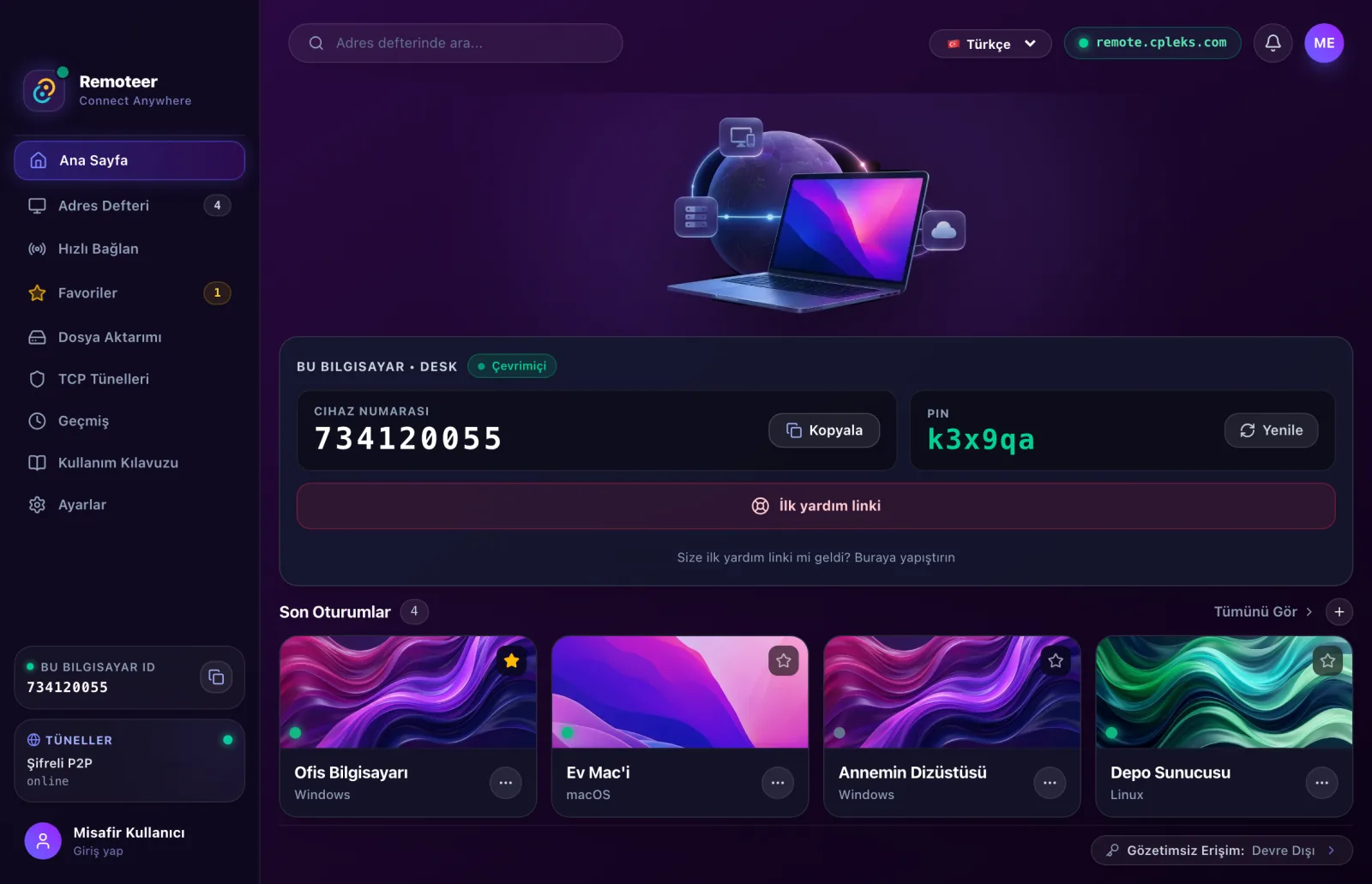 Remoteer ana sayfası: cihaz numarası, PIN ve son oturumlar
